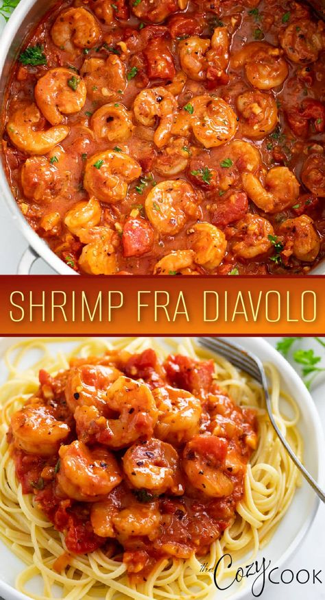 This Shrimp Fra Diavolo has perfectly cooked shrimp in a spicy, chunky tomato sauce! It's a great dinner idea to serve with pasta, or as an appetizer with crusty bread! Chunky Tomato Sauce, Shrimp Fra Diavolo, Fra Diavolo, Cooked Shrimp, Shrimp Dinner, Shrimp Recipes For Dinner, Shrimp Recipes Easy, Shrimp Pasta Recipes, Spicy Shrimp