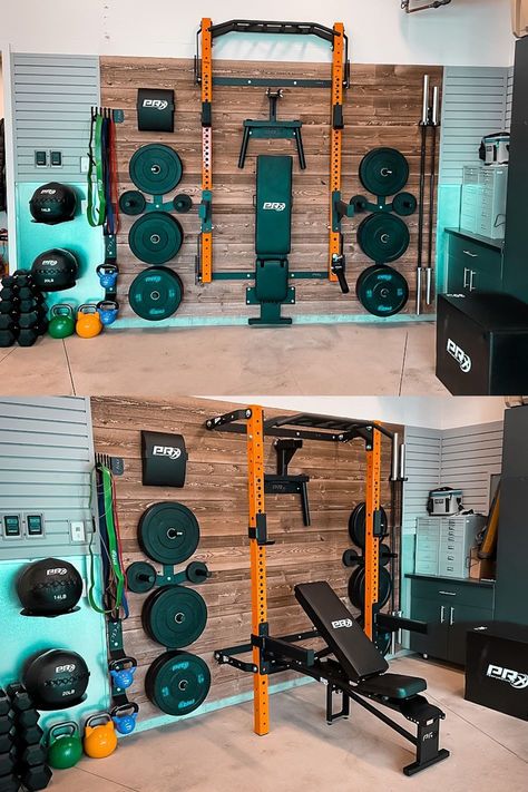 A small space doesn't have to limit your fitness goals! Transform your garage/spare room into the perfect home gym with PRx Performance space-saving equipment. Small Gym Space Ideas, Home Gym Garage Uk, Garage Gym Renovation, Gyms In Garage, Small Gym Set Up, Garage Gym For Women, Home Gym System, Small Garage Gym Design, Garage Weight Room