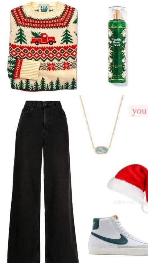 Outfit For Christmas Party In School, Christmas Vibe Outfit, Christmas Outfit Layout, Christmas Outfit Preppy, Christmas Sweater Outfit Ideas For Women, Cristmass Aesthetic Outfit, Christmas Preppy Outfits, Christmas Aesthetic Clothes, Pretty Christmas Outfits