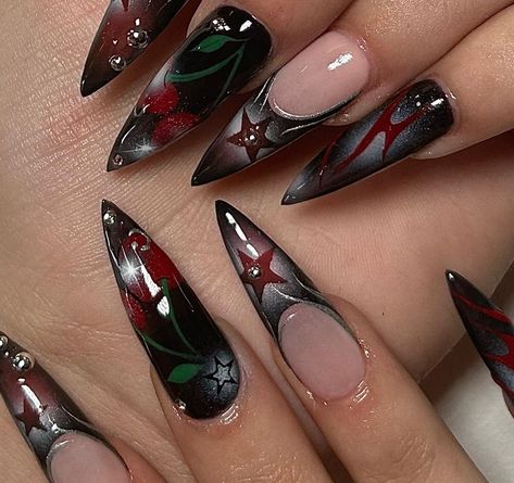 Chyna Glad (@nailzbychyna) | Instagram Cherry Nails Acrylic Black, Nail Designs Grunge Aesthetic, Pirate Acrylic Nails, Edgy Nails Grunge Street Styles, Red Black French Tip Nails, Red And Black Airbrush Nails, Nail Inspiration Grunge, Red Spiderweb Nails, Fun Red Nail Designs