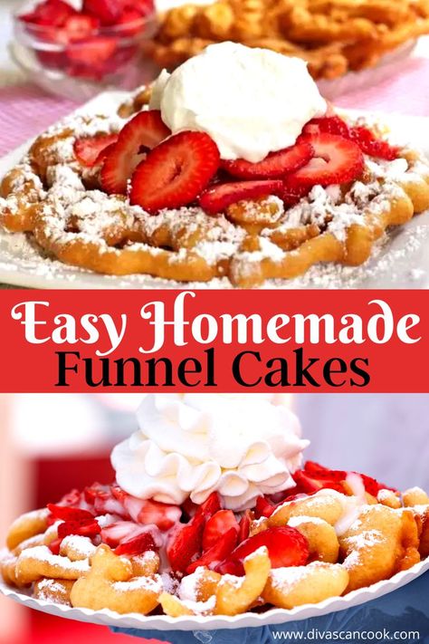 Cookies And Cream Funnel Cake, Peach Cobbler Funnel Cake, Strawberry Cheesecake Funnel Cake, Homemade Funnel Cake Recipe Easy, Funnel Cake Recipe With Pancake Mix Easy, Funnel Cake Toppings Ideas, Carnival Funnel Cake Recipe, Funnel Cake Fries Recipe, Carnival Funnel Cake