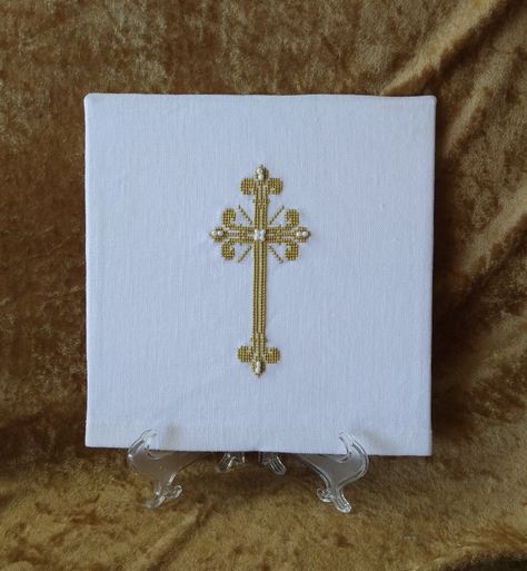 Fleur de lis cross, cross-stitched, with beads; 7" x 7"; 100% linen fabric; hand embroidered; pocket style; mat board insert; 8.16.23 Graphics Tees, Embroidered Pocket, Beaded Cross, Mat Board, Linen Fabric, Hand Embroidered, Cross Stitch, Graphic Tees, Beads