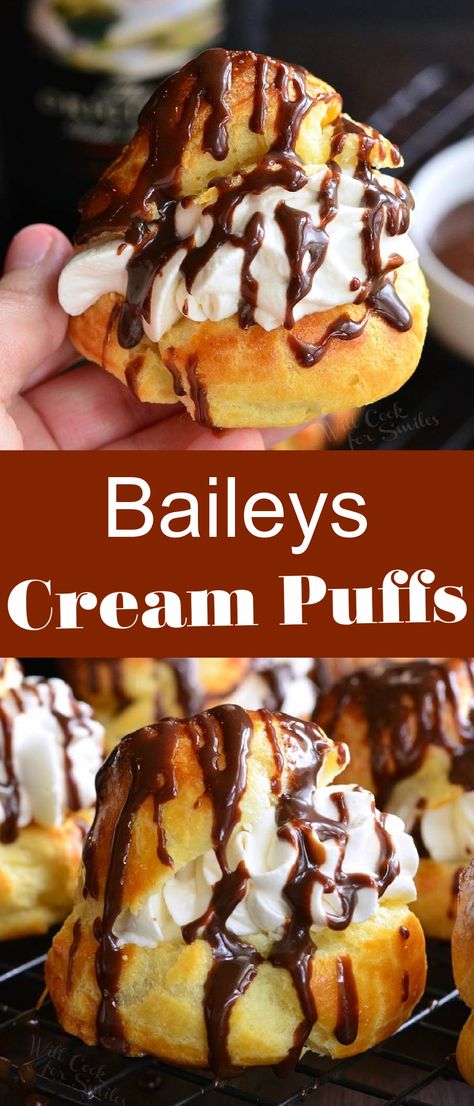 Christmas Cream Puffs, Baileys Whipped Cream, Cream Puffs Recipe Easy, Baileys Cream, Cream Puffs Easy, Baileys Irish Cream Recipes, Cream Puff Filling, Chocolate Cream Puff, Irish Cream Recipe