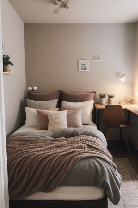 Dorm Bedding Aesthetic, Brown And Grey Bedroom, Brown Bedroom Aesthetic, Diy Bedroom Makeover, Home Improvement Diy, Rearranging Furniture, Brown Rooms, Dekorasi Kamar Tidur, Brown Bedroom