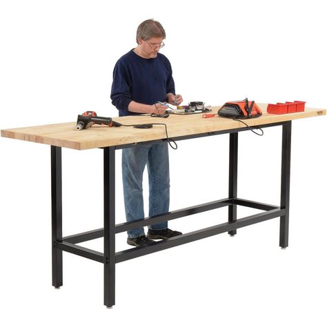 Global Industrial™ 96 x 30 Standing Height Workbench - Birch Butcher Block Square Edge - Black | 318951 - GLOBALindustrial.com Adjustable Height Workbench, Industrial Legs, Maple Butcher Block, Sit Stand Workstation, Butcher Block Top, Work Bench, Work Surface, Power Outlet, Particle Board