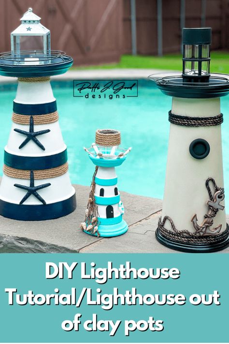 DIY Lighthouse Tutorial/Lighthouse out of clay pots/Garden lighthouse Lighthouse Diy How To Make, Diy Lighthouse Outdoor, Lighthouse Theme Party, Terracotta Lighthouse, Diy Lighthouse Crafts, Clay Pots Diy, Diy Light House, Lighthouse Diy, Beach Theme Backyard