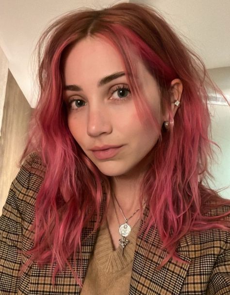 Blush Pink Hair Balayage, Natural Red With Blonde Money Piece, Natural Red And Pink Hair, Undercut Pink Hair, Burgundy Hair With Brown Roots, Reddish Pink Highlights, Bright Pink Underneath Hair, Pink Highlights In Auburn Hair, Fun Color Placement Hair