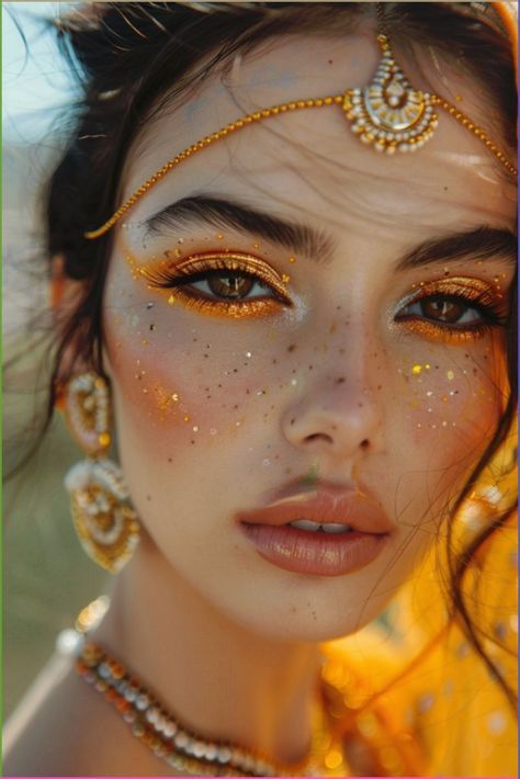 Mystic Makeup, Hippie Makeup Looks, Desert Makeup, Vibrant Makeup Looks, Makeup Hippie, Carnaval Makeup, Festival Eyeshadow, India Makeup, Hippie Makeup