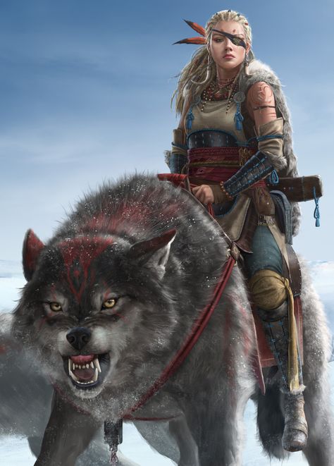 Leader of the pack by Alen Rocha Giant Wolf, Wolf Rider, Viking Warrior Woman, Conifer Forest, Dire Wolf, Viking Woman, Paintings Abstract, Pencil Sketches, Eye Patch