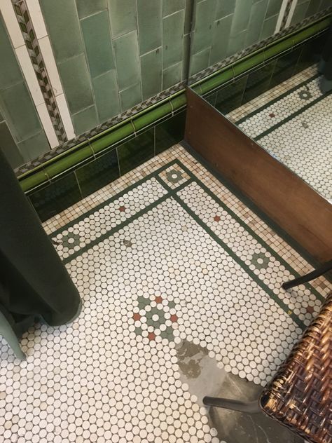 Bathroom Victorian Tiles, Penny Tile Entry, Penny Tile Bathroom Floor Designs, Hexagon Penny Tile Bathroom, Victorian Tile Bathroom, Penny Mosaic Tile Bathroom, Penny Tile Entryway, Penny Tile Border, Penny Tile Words