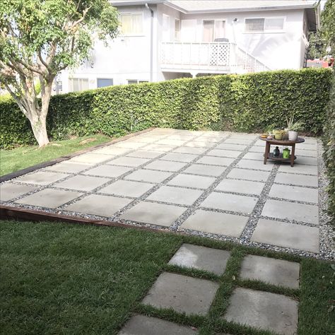 Large pavers used to create patio in backyard. Quick and easy alternative to building a full deck. Walkway Gravel, Pea Pebbles, Large Pavers, Diy Patio Pavers, Large Backyard Landscaping, Pavers Backyard, Patio Pavers Design, Concrete Patios, Gravel Patio