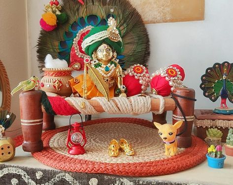 Puja Decor, Mason Jar Cards, Janmashtami Decoration, Laddu Gopal Dresses, Festival Decor, Fancy Sarees Party Wear, Goddess Decor, General Knowledge Book, Krishna Ji