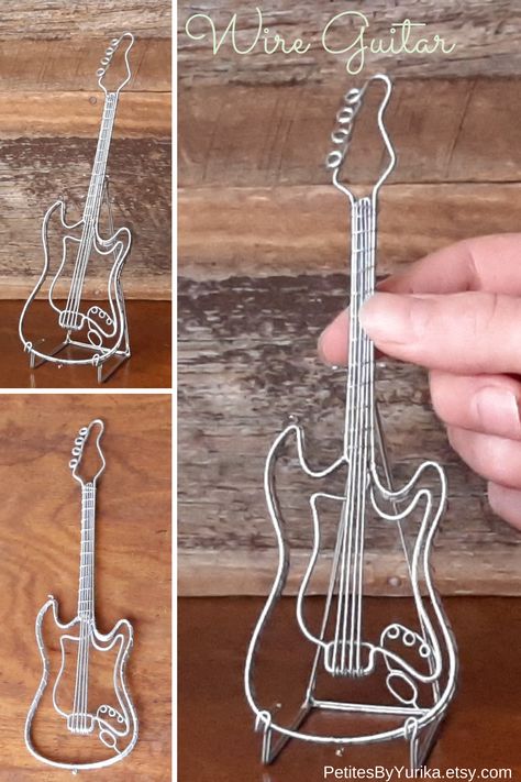 Guitar Wire Art, Wire Wrapped Guitar Tutorial, Wire Wrapped Guitars, Wire Guitar Jewelry, Wire Sculpture Easy, Guitar Gifts For Him, Wire Wrapped Guitar, Guitar Gift Ideas, Wire Guitar