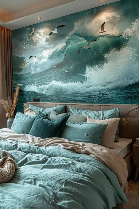 Crisp Bedroom Ideas, Bedroom Ideas Beach House, Ocean Inspired Bedroom, Modern Coastal Bedroom Ideas, Beach Inspired Bedroom, Sea Bedrooms, Seaside Cottages, Coastal Bedroom Ideas, Ocean Themed Rooms