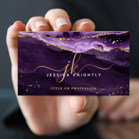 Elegant Purple Agate Gold Glitter Script Monogram Business Card  Zazzle Makeup Artist Business Cards Design, Makeup Artist Cards, Purple Logo Design, Glitter Business Cards, Beauty Salon Business Cards, Art Business Cards, Bakery Business Cards, Monogram Business, Beauty Business Cards