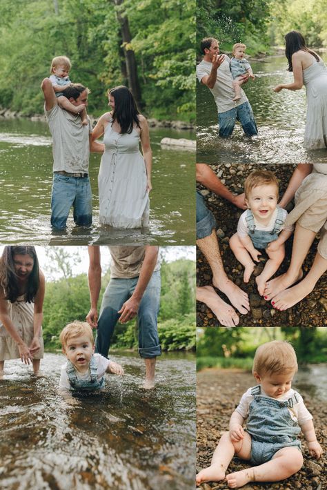 Mom and Dad with their baby boy playing in a creek Family Of 4 Summer Photoshoot, Creek Family Photoshoot Outfits, Family Photos In A Creek, Creek Mini Sessions Family, Water Family Photos, Family Photos Creek, Creek Photoshoot Kids, Mom Dad And Son Photoshoot, Mom And Baby Boy Photoshoot