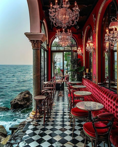 AI.461 "Crepúsculo Carmesí | A Magical Seaside Restaurant Escape in San Sebastián" by @_prspctivs © 2023-2024 Harshdeep Arora… | Instagram Beautiful Restaurants Interiors, Spanish Summer, Aesthetic Restaurant, Seaside Restaurant, Restaurant Aesthetic, Spanish Restaurant, Future Buildings, التصميم الخارجي للمنزل, Unique Restaurants