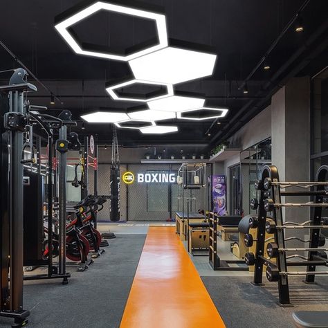 Boxing Gym Design, Crossfit Garage Gym, Wall Lights Diy, Hexagon Decor, Gym Architecture, Commercial Gym Design, Indoor Sports Court, Gym Lighting, Dream Home Gym