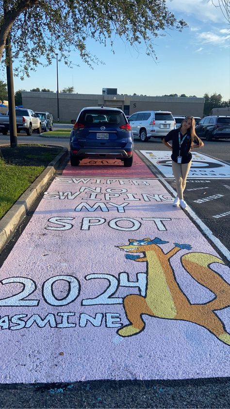 2025 Parking Spot, Cars Senior Parking Spot, Senior Parking Spot Album Cover, Fun Parking Spot Ideas, Drake Senior Parking Spot, Cute Parking Spot Paintings Senior, Gilmore Girls Senior Parking Spot, Better Late Than Ugly Parking Spot, Senior Parking Painting