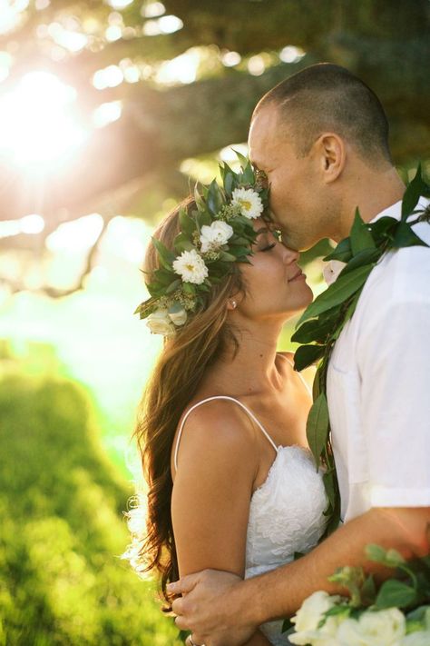 Bride and Groom Sunset Portrait. Haku Lei. Bride and Groom Golden Hour Wedding Picture. Hawaii Flower Crown.   This romantic Upcountry Maui wedding took place the Hui No‘eau Visual Arts Center in Maui, Hawaii for a breathtaking outdoor ceremony surrounded by lush greenery and white flowers. Beach Wedding Photography, Haku Lei, Golden Hour Wedding, Sunset Portrait, Wedding Venues Hawaii, Maui Wedding, Professional Wedding Photography, Beach Wedding Decorations, Flower Crown Wedding