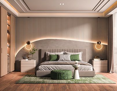 Curved Bed Back Design, Interior Of Bedroom Modern, Special Bedroom Design, Premium Bedroom Interior, Vertical Interior Design, Bed Panelling Modern Luxury, Bedroom Wall Designs Modern Luxury, Morden Luxury Bedroom Design, Modern Bedroom Panelling