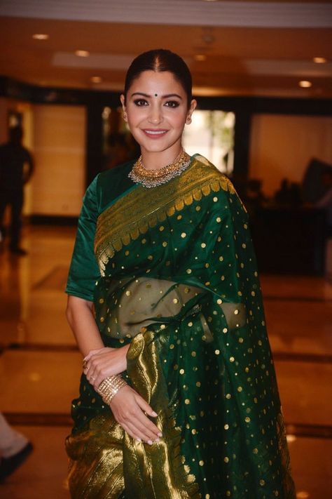 Anushka Sharma Style, Anushka Sharma Saree, Bottle Green Saree, Banarsi Saree, Chanderi Silk Saree, Designer Silk Sarees, Green Saree, Saree Trends, Anushka Sharma