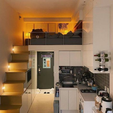 Home Staffy Seoul Small Apartment, Loft Apartment Aesthetic, Small Loft Apartment, Small Loft Apartments, Apartemen Studio, Asma Kat, Loft House Design, Mini Apartments, Tiny House Interior Design