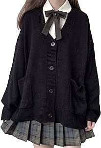 TXYJJP Womens Japanese Cute Kawaii Knitted Cardigan Sweater Cosplay Long Sleeve Button Down JK School Uniform Jacket Cardigan Black Outfit, Japanese School Outfits, Crochet Black Sweater, Cute School Uniform, Black Cardigan Outfit, Jackets Cute, School Cardigan, Black Uniform, Japanese Uniform