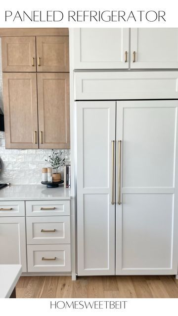 Fridge Between Pantry Cabinets, Fridge And Pantry Wall Built Ins, White Oak Panel Fridge, Built In Paneled Refrigerator, Panel Ready Side By Side Refrigerator, Fridge Flush With Cabinets, Fridge Next To Range, Panel Refrigerator Doors, Built In Fridge Wall