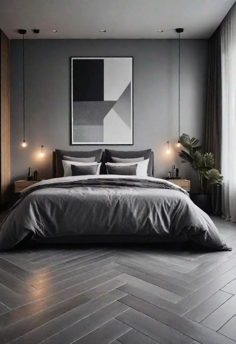 Here are 47 elegant grey bedroom ideas for your apartment: Bedroom Inspirations Gray, Modern Bedroom Men, Grey Boho Bedroom Ideas, Bachelor Bedroom Masculine Interior, Elegant Grey Bedroom, Grey Boho Bedroom, Bedroom Inspirations Grey, Gray Floors Bedroom, Bachelor Bedroom