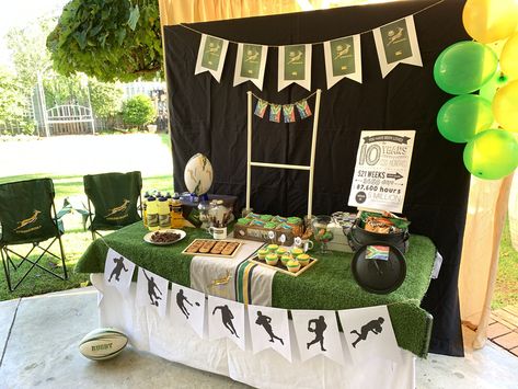 Green and gold, rugby themed party for a 10 year old boy Rugby Party Decorations Ideas, Rugby Decorations Ideas, Rugby Party Decorations, Rugby Themed Party, Rugby Birthday Party Ideas, Rugby Party Ideas Kids, Rugby Theme Party Ideas, Springbok Rugby Theme Party Ideas, Springbok Rugby Party