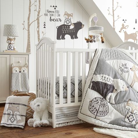 Wrap your baby up in warmth and comfort with the Levtex Baby Bailey Blanket. Made of an adorable soft grey plush fabric , this blanket features two appliqued and embroidered bears on a soft plush with trees, birds, and deer in complement, with arrow stripes and a thick border in the background. This plush blanket measures 30 x 40in. and is machine washable for easy maintenance. Woodland Nursery Ideas, Nursery Theme Ideas, Nursery Diy, Nursery Sets, Animal Nursery Theme, Room Boy, Baby Nursery Inspiration, Nursery Room Ideas, Woodland Nursery Theme