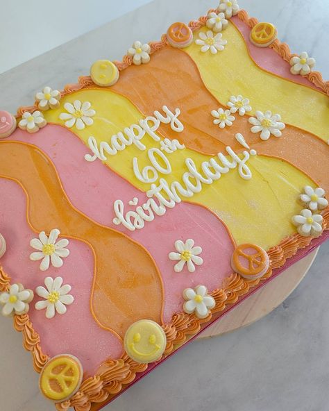 Happy 60th Birthday to my mom! She had a big party last weekend and I made her this big 60's themed cake & cookies to match. Now she's in PEI on vacation living her best life getting a fancy dinner made by Chef Michael Smith for her actual birthday #lifegoals 🎂🥳 . . . #happybirthdaymom #happybirthday #birthdaycake #birthdaycookies #1964 #60thbirthday #buttercreamcakes #buttercreamcake #buttercream #milkandcookies #milkandcookiesbakeshop 70s Inspired Birthday Cake, 70s Themed Cake Ideas, Groovy One Sheet Cake, Groovy Dinner Party, Margarita Cake Design Birthday, Two Groovy Sheet Cake, 70s Themed Birthday Party Food, Groovy Party Foods, 60s Cake Ideas