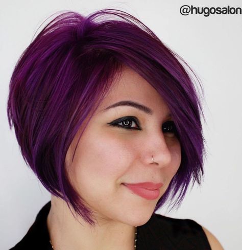 Angled Bob With Choppy Layers Bob Hair Styles For Round Face, Short Hairstyle Women Round Face Bob Haircuts Thick Hair, Plus Size Hairstyles Short, Asymmetrical Bob Short, Bobs For Round Faces, Purple Bob, 2023 Hairstyles, Short Hair Cuts For Round Faces, Bob Haircut For Round Face