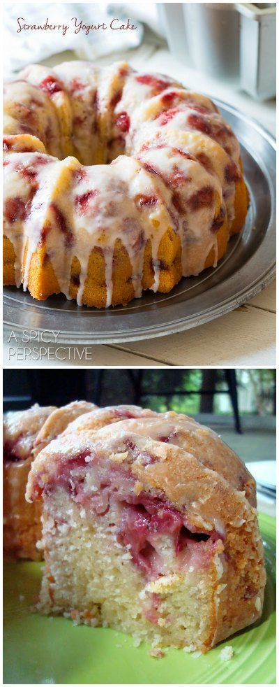 The most amazing Fresh Strawberry Yogurt Cake you will ever taste! @spicyperspectiv Strawberry Yogurt Cake, Breakfast Bundt Cake, Fresh Strawberry Cake, A Spicy Perspective, Strawberry Cake Recipes, Pound Cake With Strawberries, Single Recipes, Yogurt Cake, Strawberry Yogurt