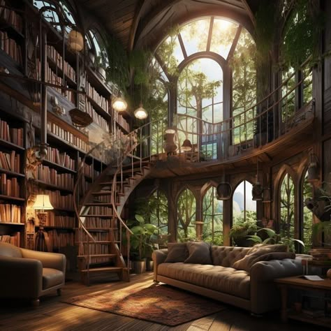 Museum Inspired Living Room, Fantasy Dream House, Fantasy Home Interior, Classic Home Library Design, Fantasy Living Room, Forest House Interior, Forest Living Room, Modern Home Library, Nature Library