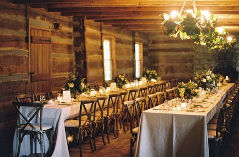 Romantic TN Wedding in Rustic Cabin | Styling and Planning by @Jessica Sloane, Photo by Rylee Hitchner, Wedding Rentals by Southern Events #ringrentparty Log Cabin Wedding, White Wedding Ceremony, Cozy Wedding, Long Tables, White Winter Wedding, Nashville Wedding Venues, Cabin Wedding, Crossback Chairs, Dining Design