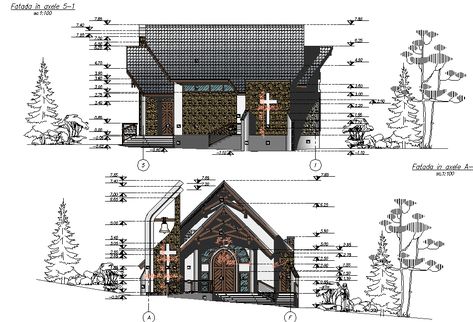 Detail of elevation and section chapel plan autocad file, landscaping detail in tree and plant detail, scale 1:100 detail, leveling detail, furniture detail door and window detail, etc. Chapel Floor Plan Design, Church Building Plans, Window Detail, Building Front, Architectural House Plans, Church Building, Autocad Drawing, Front Elevation, Furniture Details