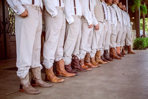 | groomsmen in cowboy boots | southern groomsmen party | oklahoma groomsmen ideas | groomsmen in tan pants | groomsmen in tan pants + suspenders | country wedding ideas | country groomsmen |  photo taken at THE SPRINGS Event Venue. follow this pin to our website for more information, or to book your free tour! SPRINGS location:  Tulsa, OK photographer:  Montag Weddings  #groomsmen #groomsmenphoto #weddingphotos #groomsmendetails #cowboyboots #countrywedding #weddingattire #weddingstyle #southern Wedding Party Cowboy Boots, Groomsmen Cowboy Boots, Wedding Pictures Country, Western Groomsmen, Country Groomsmen, Country Wedding Groomsmen, Wedding Ideas Country, Trendy Wedding Ideas, Hampton Wedding