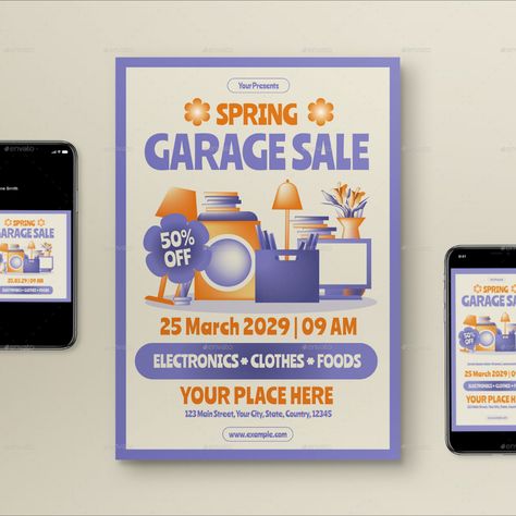 Lilac Gradient Spring Garage Sale Flyer Set Vector Art Illustration Graphics, File Organization, Sale Flyer, Garage Sales, Vector Art, Garage, Lilac, Illustration Art