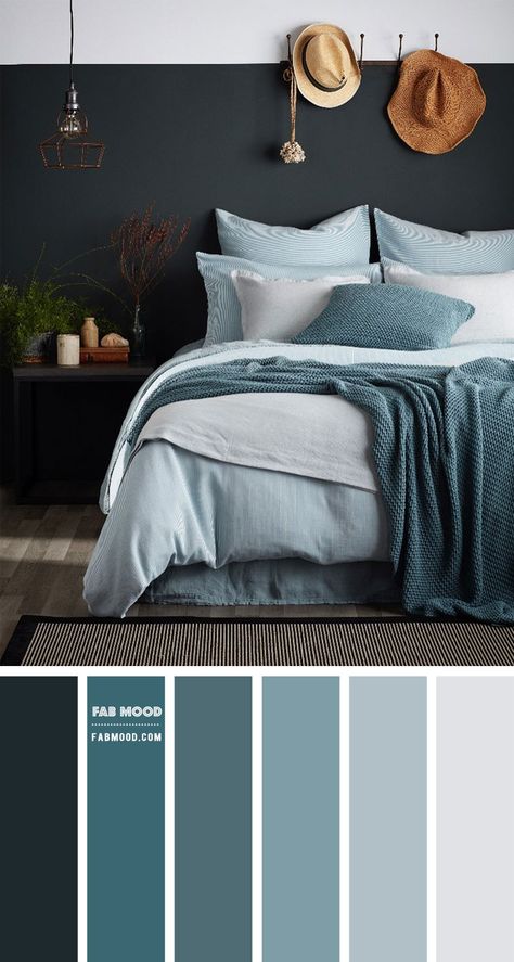 Why settle for one paint color when you can choose two? See this inspiring two–tone walls in charcoal and light grey smoke color. If this a beach bedroom bright... Blue Gray Bedroom, Wedding Color Palettes, Teal Bedroom, Themes Wedding, Bedroom Colour Palette, Colors Wedding, Grey Bedroom, Bedroom Color, Bedroom Color Schemes