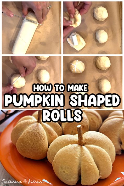 How To Make Pumpkin Shaped Rolls | Gathered In The Kitchen Pumpkin Shaped Food Ideas, Pumpkin Shaped Dinner Rolls Easy, Crescent Roll Shapes, Pumpkin Shaped Rolls, Pumpkin Shaped Bread, Pumpkin Appetizers, Thanksgiving Meal Plan, Dinner Rolls Easy, Pillsbury Crescent Rolls