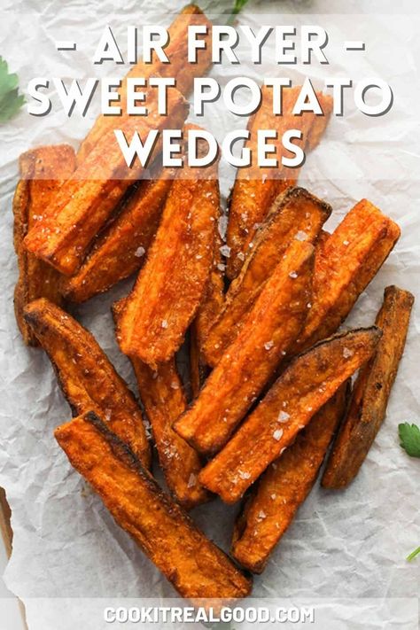 Air Fryer Sweet Potato Wedges, Crispy Sweet Potato Wedges, Easy Sweet Potato Recipes, Air Fryer Sweet Potato Fries, Potato Wedges Recipe, Wedges Recipe, Sweet Potato Skins, Crispy Sweet Potato, Sweet Potato Wedges