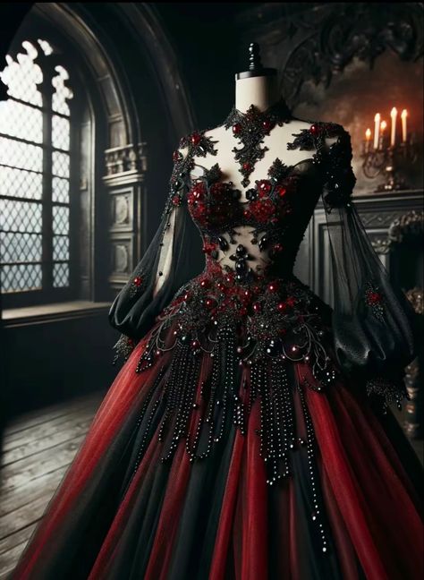 Red And Black Wedding Dress Goth, Vampire Gown, Gothic Ball Gown, Halloween Wedding Dresses, Villain Dresses, Goth Wedding Dresses, Vampire Ball, Fantasy Ball, Queen Of Halloween