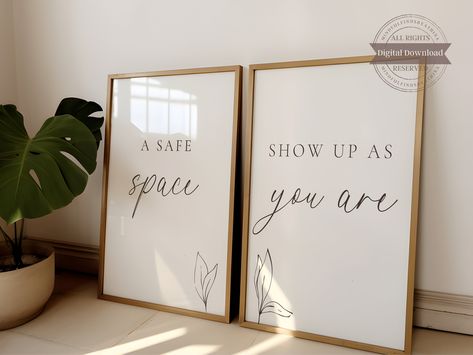 This listing is for "A Safe Space, Show Up As You Are" Wall Print for therapists, counselors, social workers, and psychologists, therapy and counseling office decor, therapy welcome sign, welcome sign printable, home decor, white background, minimalist printables, digital and instant download, mental health poster, psychology prints, therapy tools, JPG files, PDF 8.5X11 inches WHAT IS INCLUDED You will receive: *5 high resolution JPG files (300 dpi) *1 PDF file (8.5x11 inches) *Printing instruct Artwork For Therapy Office, Cool Therapist Office, Therapy Office Posters, Clinical Psychologist Aesthetic Office, Therapist Office Inspiration, Therapy Office Aesthetic, Therapy Office Decor Private Practice, Small Therapy Office Ideas, Therapy Office Decor Counseling