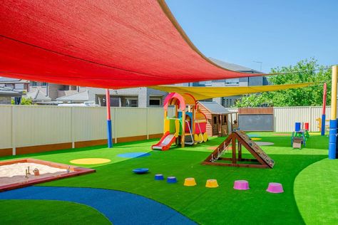 Image showing the outdoor playground at Condell Park Childcare & Early Learning Centre from a different angle. The playground features colorful shade sails, a train-shaped slide, climbing equipment, and a sandpit. Designed to be sun-safe, this area provides a secure and stimulating environment for children aged two to six. Early Learning Centre Design, Preschool Outside Play Areas, Preschool Playground Design, Preschool Outdoor Area, Outdoor Daycare, Daycare Design Ideas, Child Care Center Design, Daycare Layout, Daycare Playground