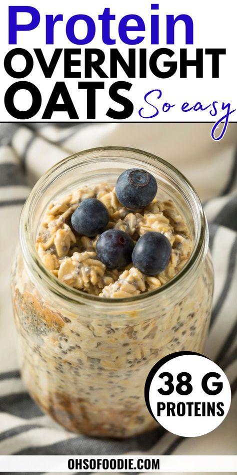 Text reads Protein Overnight Oats - Proats Recipe Overnight Oats Protein Powder, Overnight Oats Greek Yogurt, Protein Overnight Oats Recipe, High Protein Overnight Oats, Dairy Free Overnight Oats, Rolled Oats Recipe, Oats With Yogurt, Oats Protein, Overnight Oats Recipe Easy