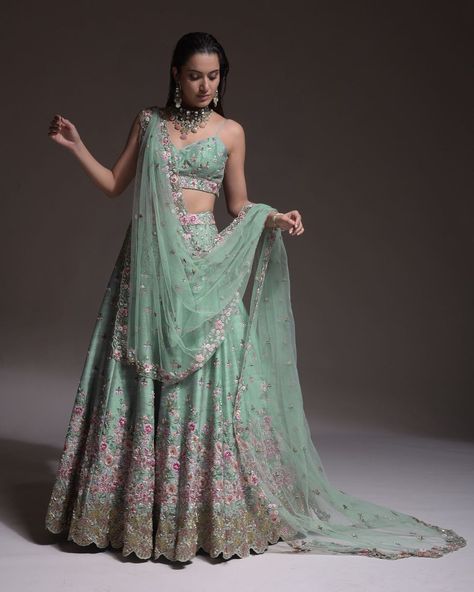 Latest Bridal Trends By Kalki Fashion That We Are Gushing Over Spaghetti Strap Lehenga, Sage Green Indian Outfit, Sage Lehenga, Kalki Fashion Lehenga, Sage Green Lehenga, Fashion Lehenga, Lehenga Ideas, Quirky Bride, Green Lehenga Choli