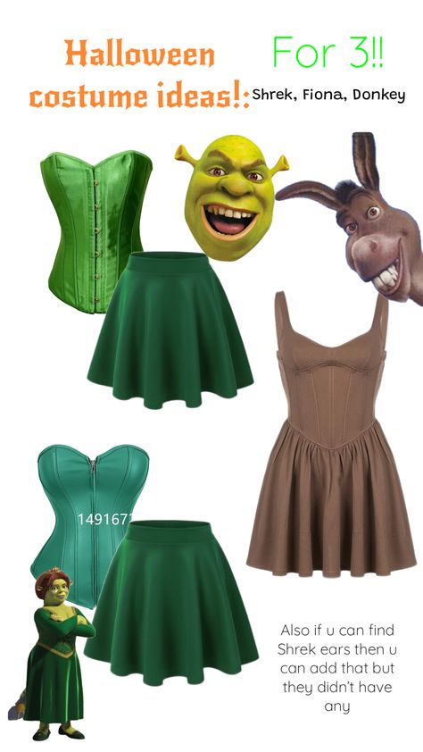 Halloween Costume Ideas For Three, Shrek Fiona And Donkey, Shrek And Fiona Costume, Fiona Costume, Donkey Costume, Shrek Fiona, Fiona Shrek, Shrek Donkey, Shrek Costume