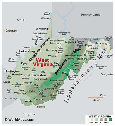 Physical Map of West Virginia West Virginia Worksheets, America Outline, Beckley West Virginia, Hiking In West Virginia, West Virginia Attractions, Virginia Map Art, Allegheny Mountains, West Virginia Map, Virginia Map